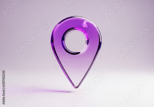 Purple glass location pin floats against a soft neutral background.