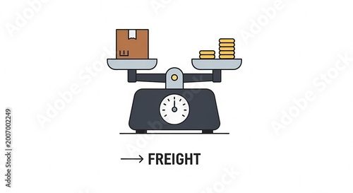 Balance Scale Weighing Shipping Box Against Stack of Coins.