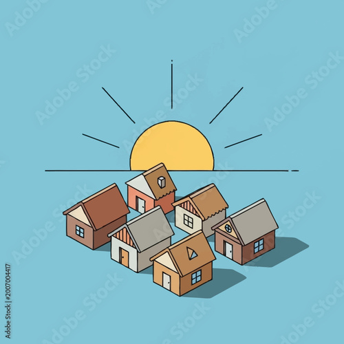 Canvas Print a group of houses under a sunny sky.