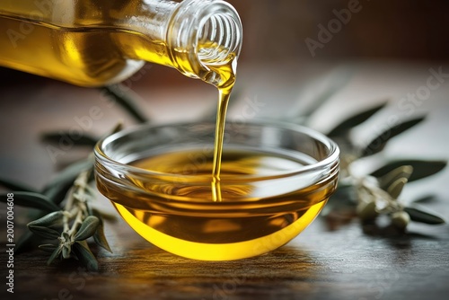 Golden olive oil pouring from a glass bottle into a clear bowl with olive branches and ripe olives on a wooden surface, warm nourishing and fresh kitchen mood