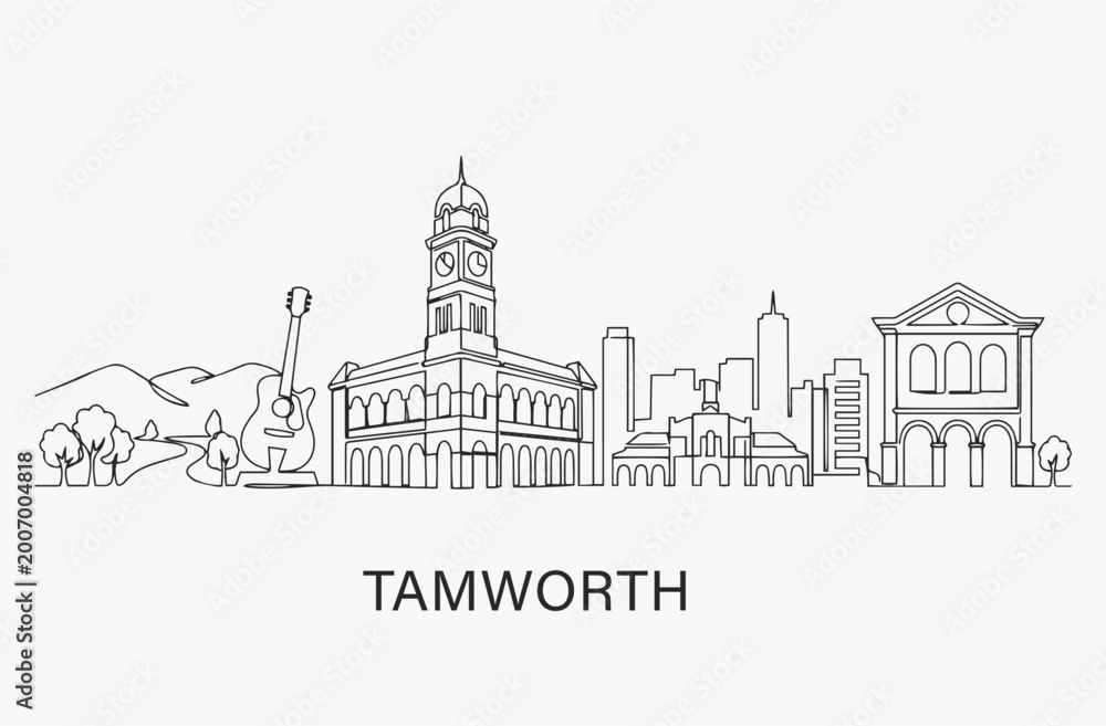 Obraz premium Flat Design one line without breaking the Tamworth city.
