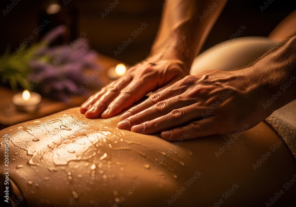 Fototapeta premium Professional therapist performs a relaxing back massage with oil in a dimly lit spa environment.