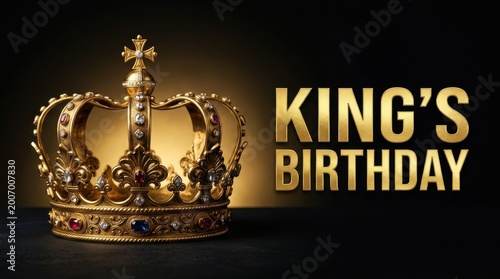 King's Birthday celebratory banner, ornate golden crown with jewels on dark background, royal monarch anniversary greeting with elegant typography