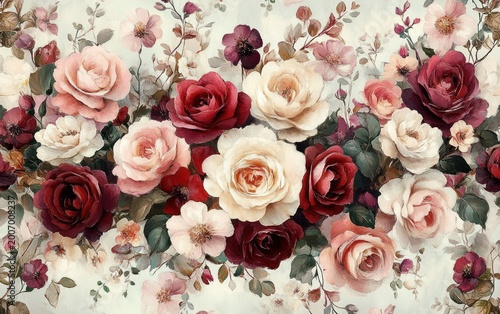 lush bouquet of cream, blush, and deep red roses with delicate blossoms and green foliage, evoking romantic, nostalgic serenity
