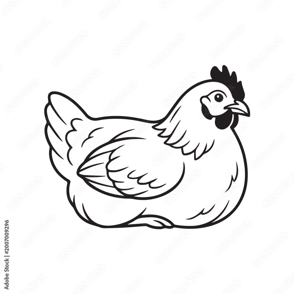 Fototapeta premium Black and white outline illustration of a sitting hen.