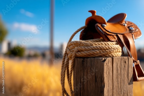 Leather saddle and rope resting on wooden post in a dry field under a clear blue sky