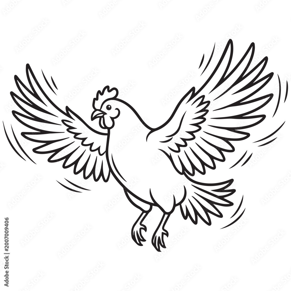 Fototapeta premium Black and white line art illustration of a flying hen.