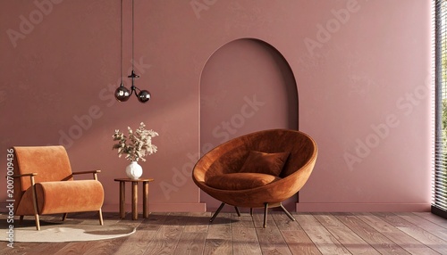 Living room interior in brown mocha mousse 2025 color with brown armchair and decor- 3D rendering ai gen