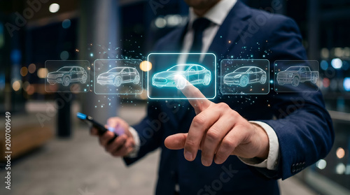 Businessman interactively selecting a car model from a futuristic holographic digital display, showcasing advanced automotive technology and modern vehicle purchasing