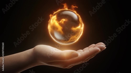 Glowing fire ball levitating above human hand on dark background