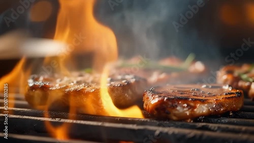 Juicy meat patties grilling over an open flame on a barbecue
