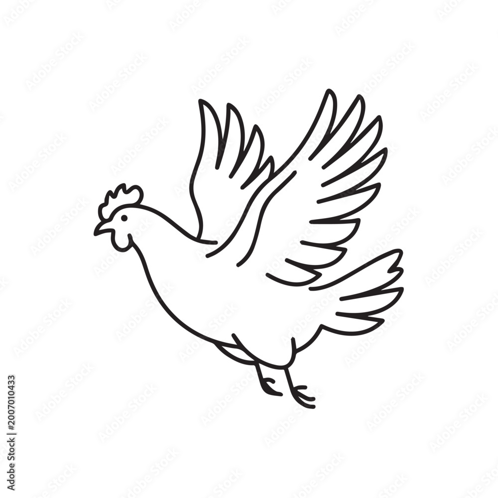 Fototapeta premium Minimalist outline drawing of a flying chicken in flight.