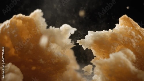 Macro slow motion of crispy bread being broken apart against black