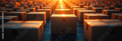 Rows of sealed cardboard boxes on a dark floor bathed in warm golden light, orderly repetition conveying calm anticipation and efficiency