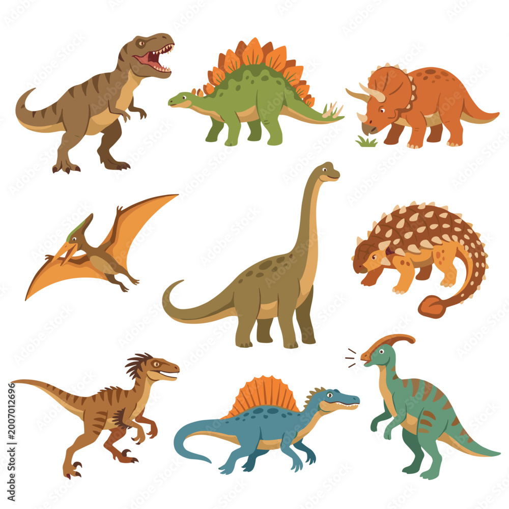 Obraz premium Dinosaurs diverse species prehistoric reptiles collection isolated white background. Colorful cartoon herbivores carnivores creatures varieties Trex raptor stegosaurus pterodactyl brachiosaurus