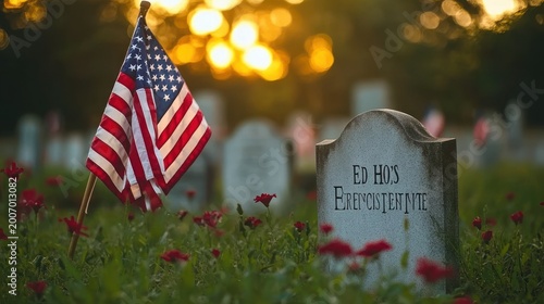 American flag beside a weathered gravestone among red flowers at sunset, solemn and reflective memorial scene