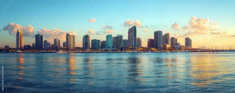 Obraz premium sunlit coastal city skyline of modern high-rise buildings reflected on calm bay water under a blue sky with scattered clouds, evoking a tranquil golden-hour mood