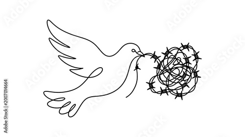 Tableau sur toile Dove of Peace Carrying Tangled Barbed Wire Line Art Illustration