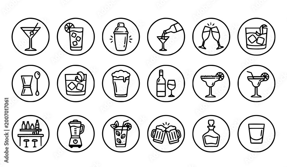 Fototapeta premium Cocktail drinks thin line icon set with bar beverage and bartender tools outline vector collection