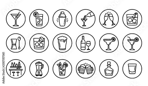 Tableau sur toile Cocktail drinks thin line icon set with bar beverage and bartender tools outline