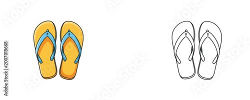 Flip flops illustrations in flat colorful and black line styles yellow and blue rubber sandals for beach vacation and summer fashion accessories on white background