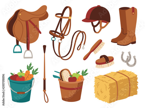 Saddle riding equipment, leather boots, grooming brush horse reins depict variety equestrian gear isolated background. Food bucket vegetables, grooming brushes, horse showcase rural