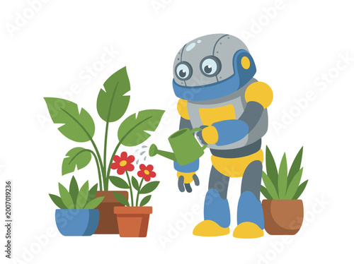 Robot gardener tending plants watering greens cheerful AI horticulture futuristic. Automated machine caring flora red flowers pots nurturing organic greenery. Isolated white background, vector