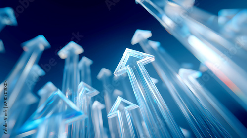 Group of glowing crystal arrows pointing upwards against a dark blue background, symbolizing growth, success, financial progress, and positive business direction.