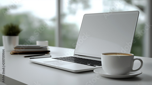 Clean minimalist workspace with a laptop, white coffee cup, and notebooks on a desk by the window, perfect for freelance, remote work, and professional productivity.