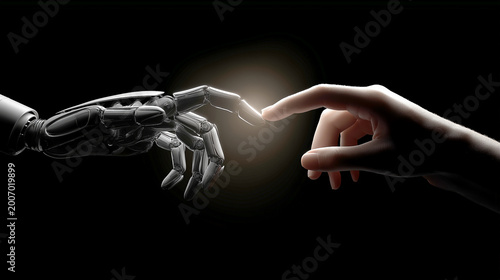 Robotic mechanical hand nearly touching a human hand with a glowing light spark, symbolizing the connection between artificial intelligence and humanity in a futuristic dark setting.