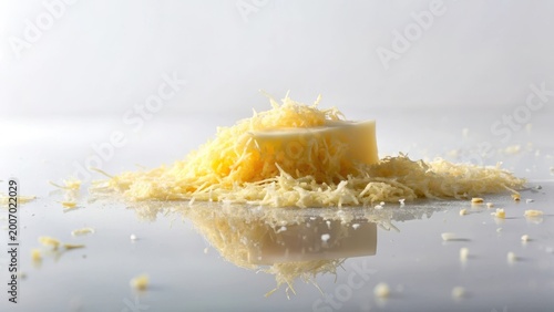 A block of cheese sits atop a mound of freshly grated cheese, reflecting on a pristine surface