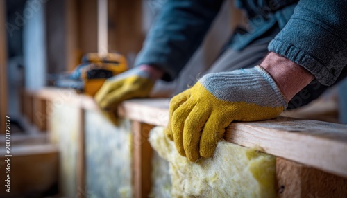 Worker installing energy-efficient wall insulation in residential interior with wooden framework