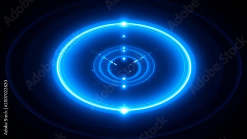 Blue neon circular concentric cycle elegance business abstract light ring with glowing abstract target graphic on black background and futuristic digital design for SEO friendly visual content