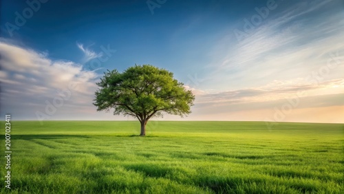 Serene Landscape A solitary tree stands majestically in a vast, verdant field under a tranquil sky