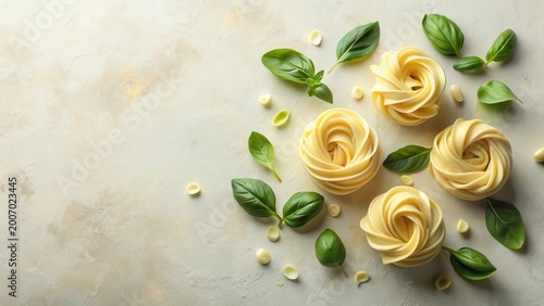 Elegant Pasta Roses with Fresh Basil Garnish on a Textured Surface