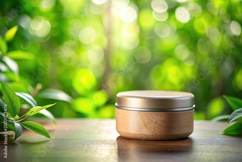 Wooden and metal container on a table with a blurred green background
