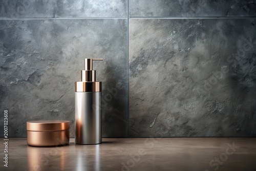 Elegant dispenser and jar against textured backdrop