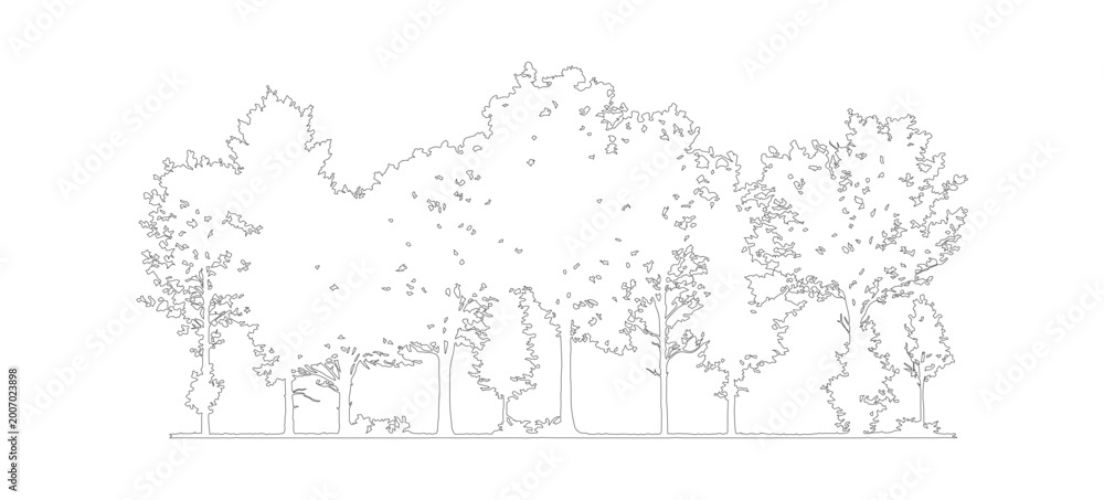 Obraz premium Minimalist tree line outline vector, architectural landscape forest silhouette, black and white nature border for site plans and urban design