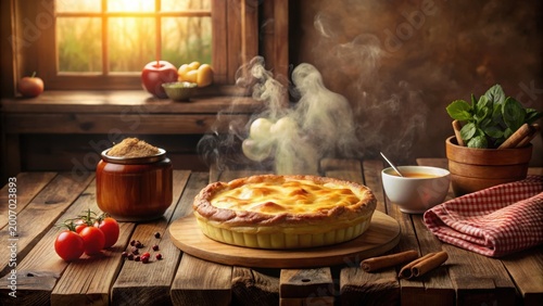 Warm Rustic Apple Pie Cooling on Wooden Table with Spices and Herbs
