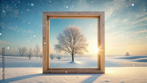 Winter Sunrise Viewed Through a Wooden Frame A Serene Snow Covered Landscape with Frosty Trees