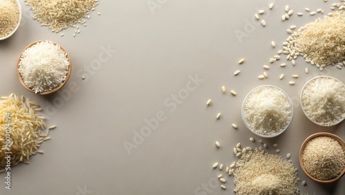 A Culinary Collection of Diverse Rice Grains in Bowls and Heaps on Neutral Background
