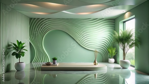 Serene Green Interior Design with Wave-Shaped Wall and Minimalist Decor