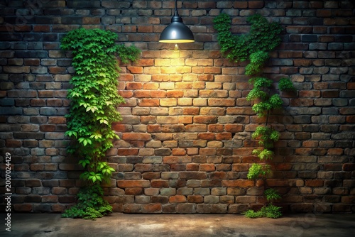 Illuminated Brick Wall with Verdant Vines and Hanging Lamp A Rustic Setting