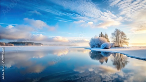 Serene Winter Landscape Frozen Lake Reflecting a Pastel Sky and Snow-Covered Trees at Dawn