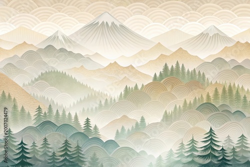Serene Mountain Range and Evergreen Forest Landscape with Misty Veils and Softly Rolling Hills in a Decorative Style