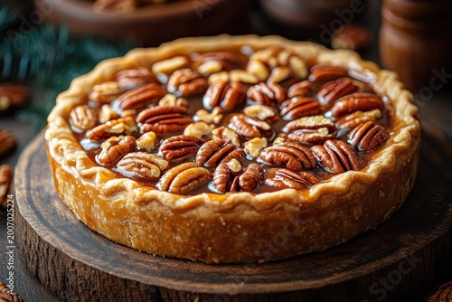 Golden pecan tart with whole pecans and glossy caramel glaze, fluted buttery crust on a wooden serving board in warm rustic lighting, inviting and indulgent