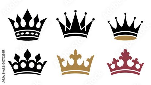 Fotografi Set of six stylish crown icons in different colors and designs Vector
