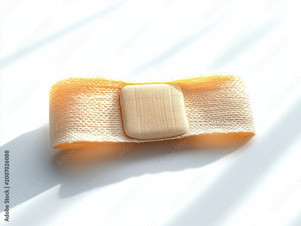 Obraz premium beige elastic adhesive bandage with square absorbent pad resting on white surface bathed in soft sunlight, conveying calm healing