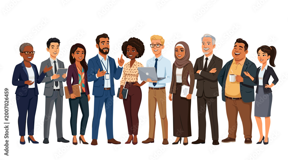 Obraz premium Diverse Team Illustration: A vibrant illustration showcasing a diverse group of professionals from various backgrounds, fostering an environment of collaboration and unity.