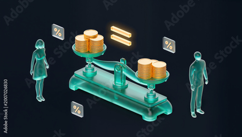 equal pay and gender wage gap concept with glowing balance scale and coin stacks beside female and male figures, salary comparison, fairness, compensation transparency and workplace equity